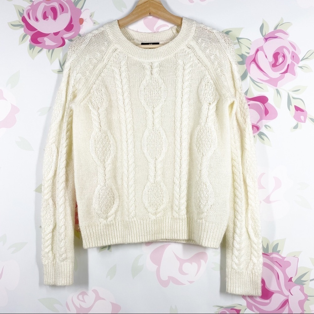 H&M Ivory Cream Mohair Blend Cable Knit Sweater S